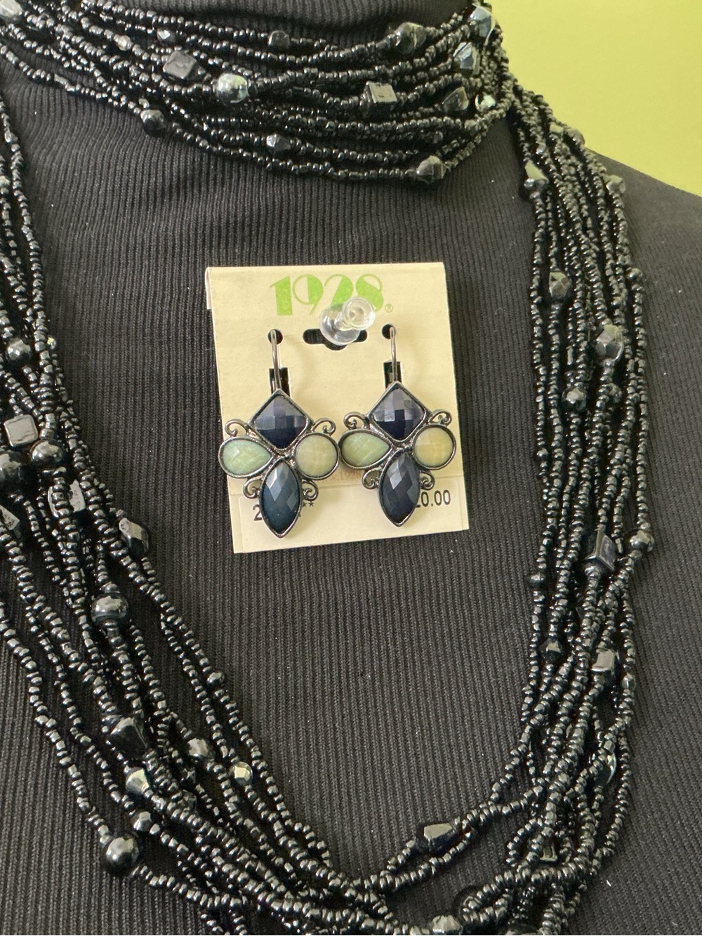 NWT 1928 Black/Green Glass Stone Earrings/20-Strand Seed Bead Marcasite Necklace - Picture 2 of 5